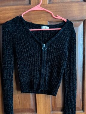 SO Black Ribbed Velvet V-Neck Zip Sweater